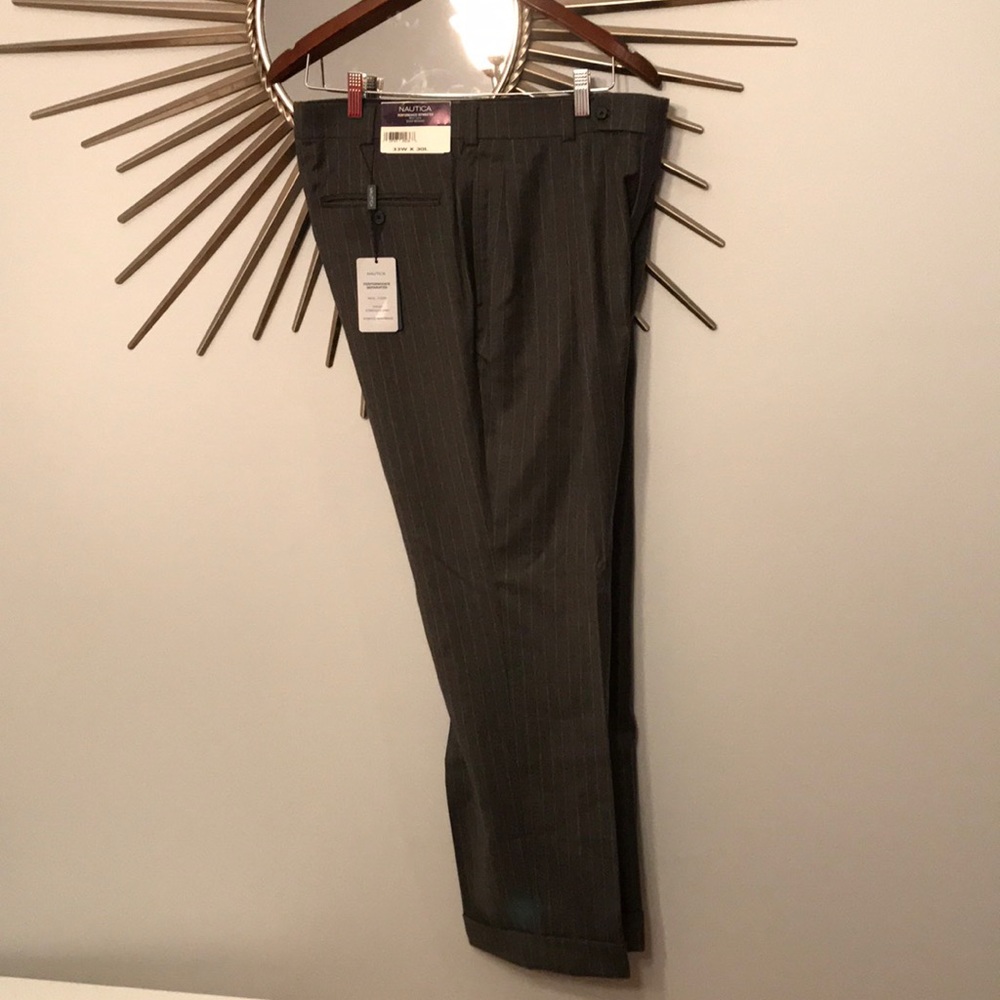 Nautical 33x30 grey striped dress pant.